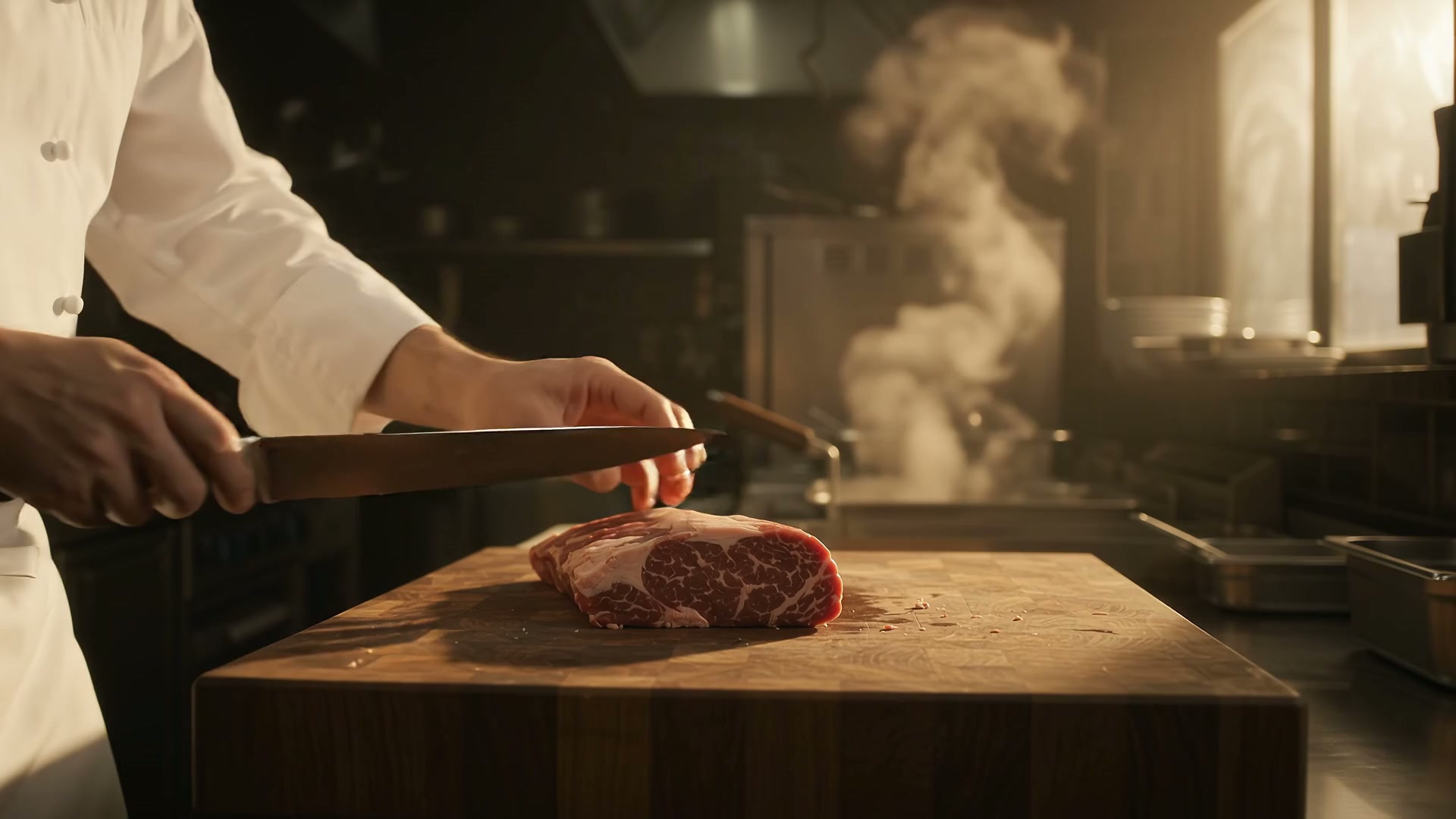 Cocinero preparando carne en una cocina profesional