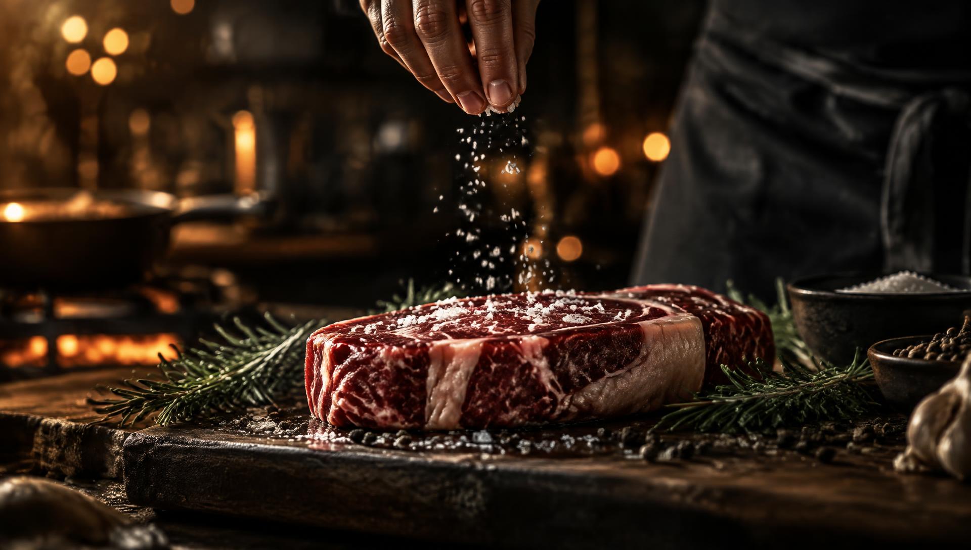 Mano de cocinero salpimentando un corte de carne sobre tabla de madera, con romero y luz cálida de cocina profesional.